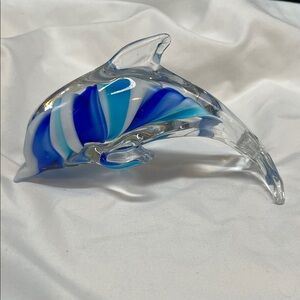 DOLPHIN GLASS PAPERWEIGHT, HAND BLOWN ART GLASS, BLUE SWIRL, VINTAGE